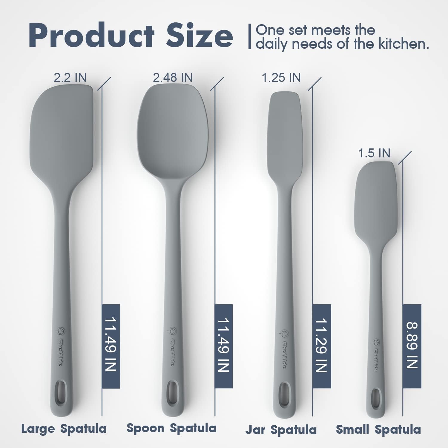 ChefAide 5 Pieces Silicone Spatula Set, Food Grade Rubber Spatula, Upgrade Strong Handle with Ergonomic Grip, Heat Resistant Up to 600°F for Nonstick Cookware, Cooking