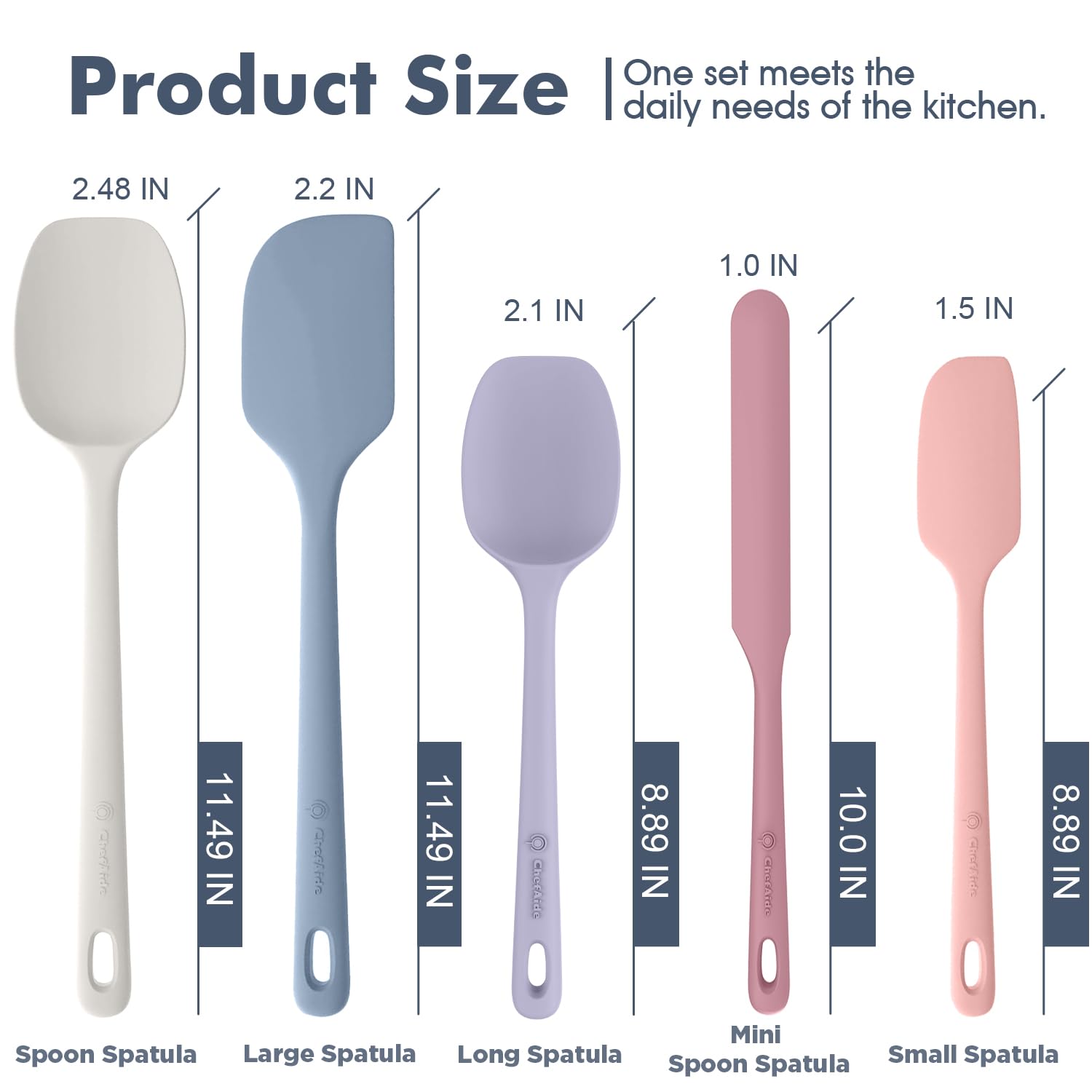 ChefAide 5 Pieces Silicone Spatula Set, Food Grade Rubber Spatula, Upgrade Strong Handle with Ergonomic Grip, Heat Resistant Up to 600°F for Nonstick Cookware, Cooking