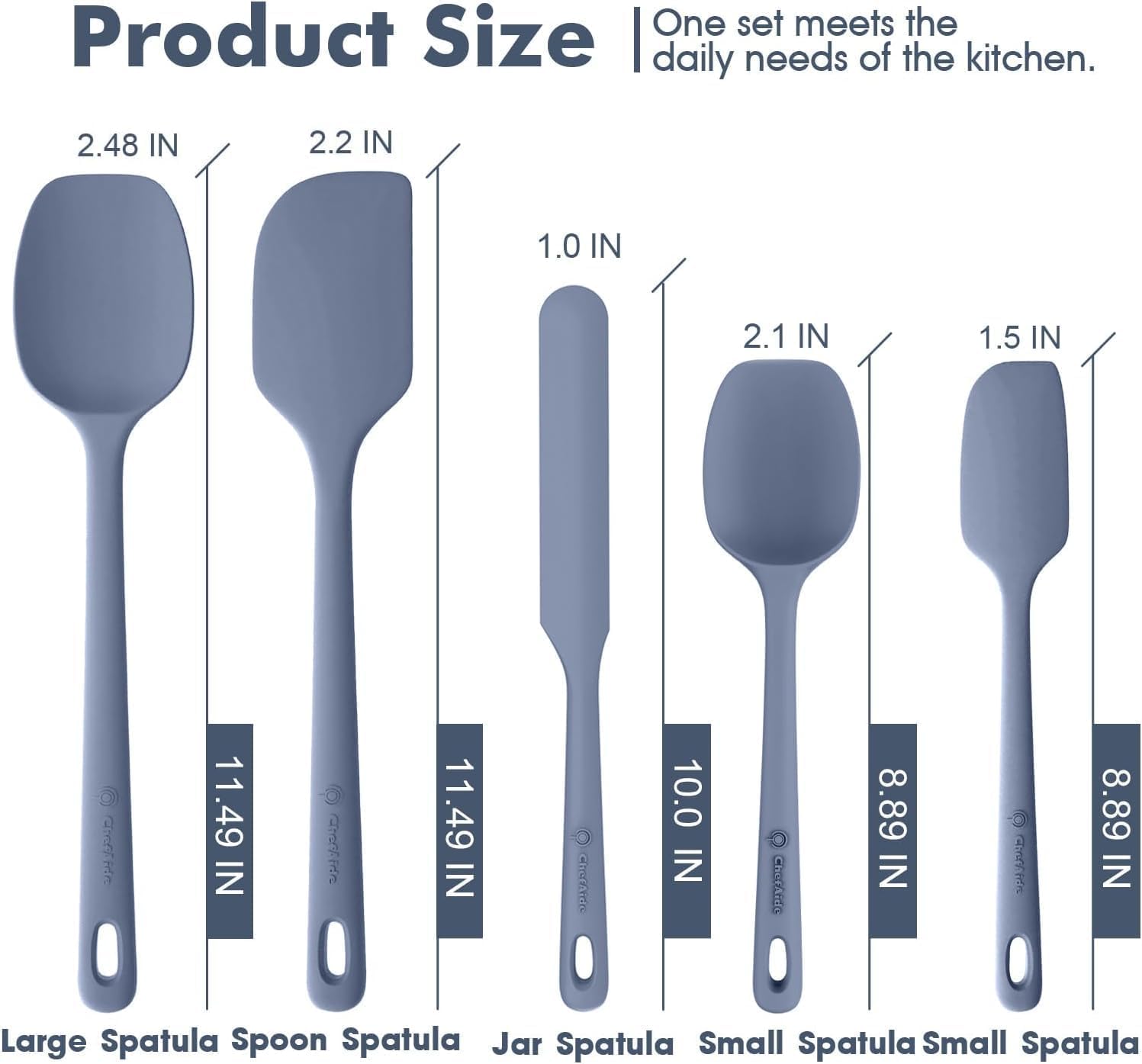 ChefAide 5 Pieces Silicone Spatula Set, Food Grade Rubber Spatula, Upgrade Strong Handle with Ergonomic Grip, Heat Resistant Up to 600°F for Nonstick Cookware, Cooking