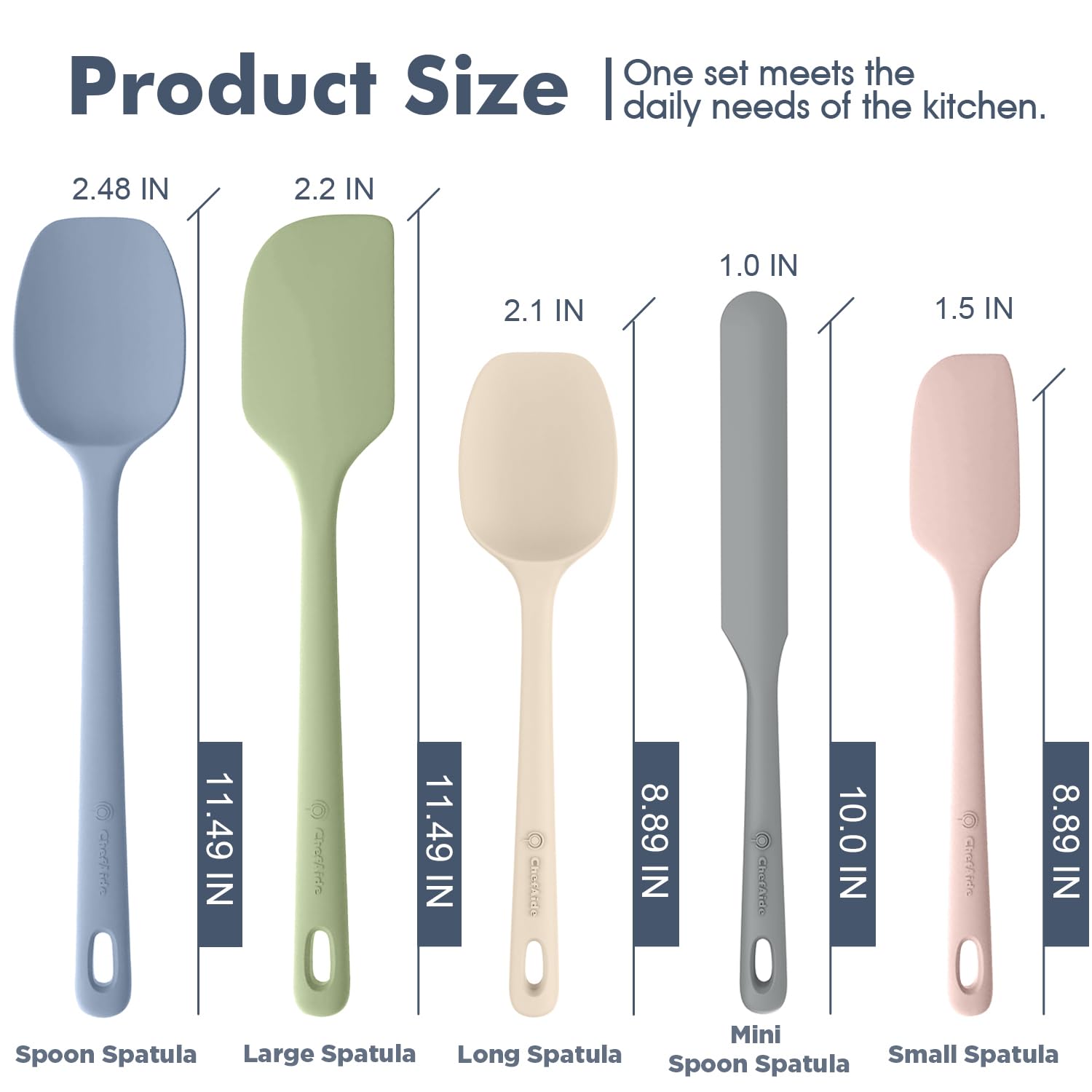 ChefAide 5 Pieces Silicone Spatula Set, Food Grade Rubber Spatula, Upgrade Strong Handle with Ergonomic Grip, Heat Resistant Up to 600°F for Nonstick Cookware, Cooking