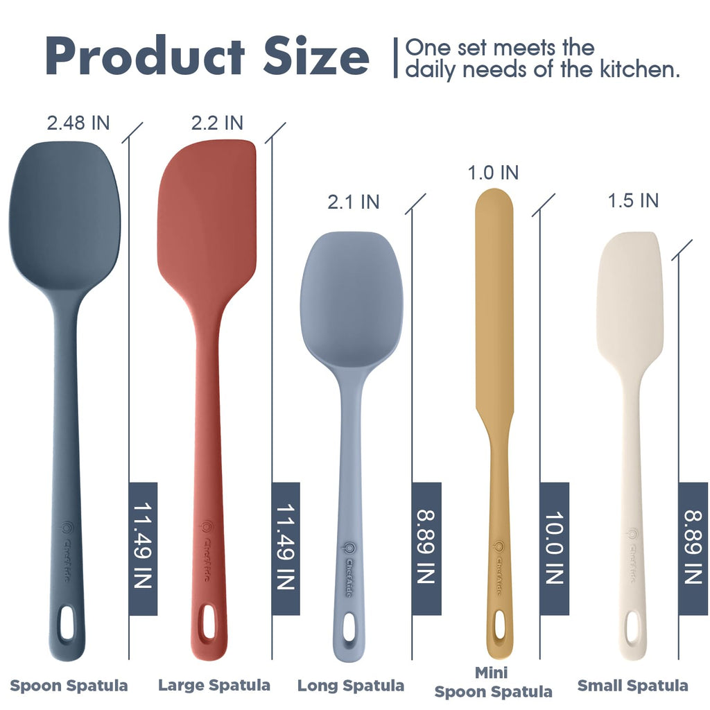 ChefAide 5 Pieces Silicone Spatula Set, Food Grade Rubber Spatula, Upgrade Strong Handle with Ergonomic Grip, Heat Resistant Up to 600°F for Nonstick Cookware, Cooking