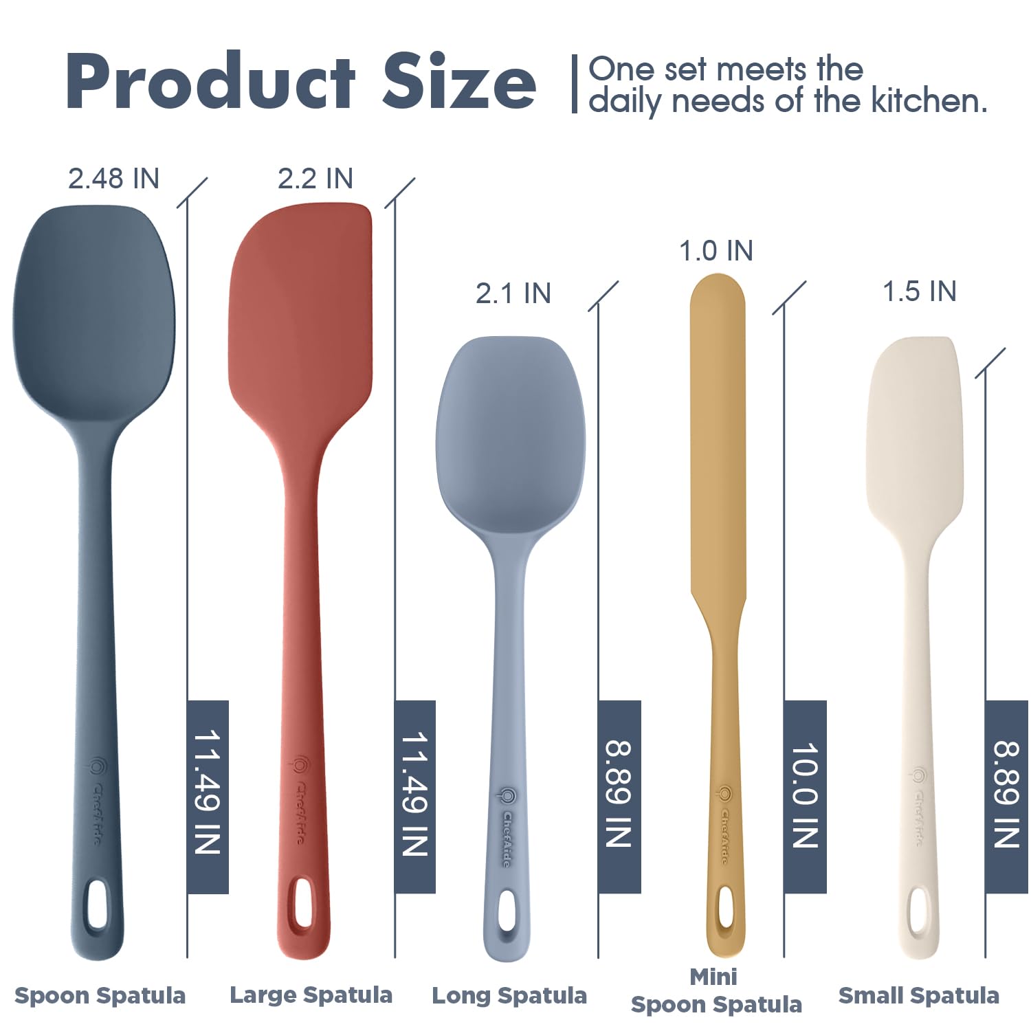 ChefAide 5 Pieces Silicone Spatula Set, Food Grade Rubber Spatula, Upgrade Strong Handle with Ergonomic Grip, Heat Resistant Up to 600°F for Nonstick Cookware, Cooking