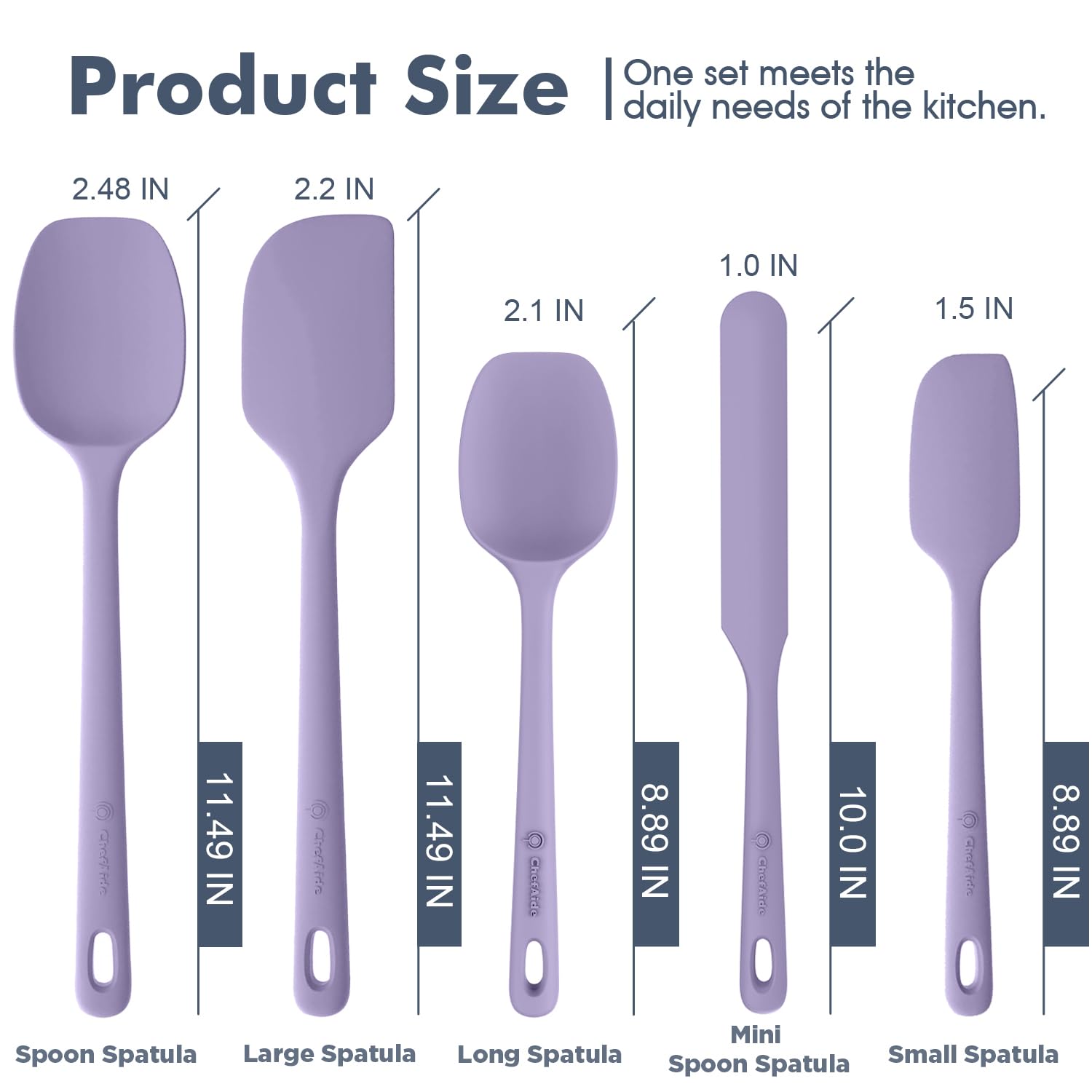 ChefAide 5 Pieces Silicone Spatula Set, Food Grade Rubber Spatula, Upgrade Strong Handle with Ergonomic Grip, Heat Resistant Up to 600°F for Nonstick Cookware, Cooking