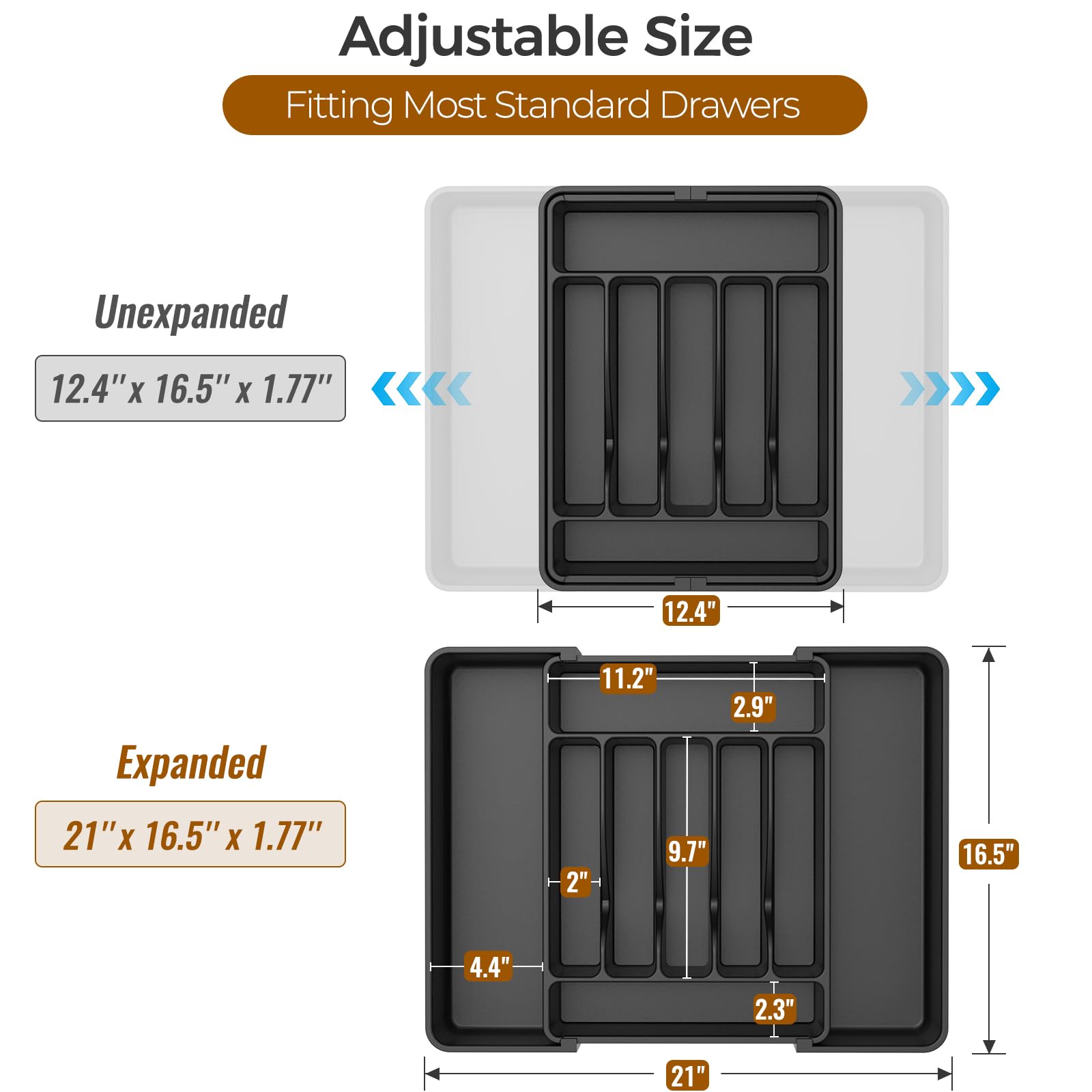 ukeetap Extra Large Expandable Silverware Organizer, BPA-Free Food-Safe Cutlery Flatware Organizer, Kitchen Utensil Drawer Organizer, Adjustable Silverware Holder for Spoons Forks Knives, Black