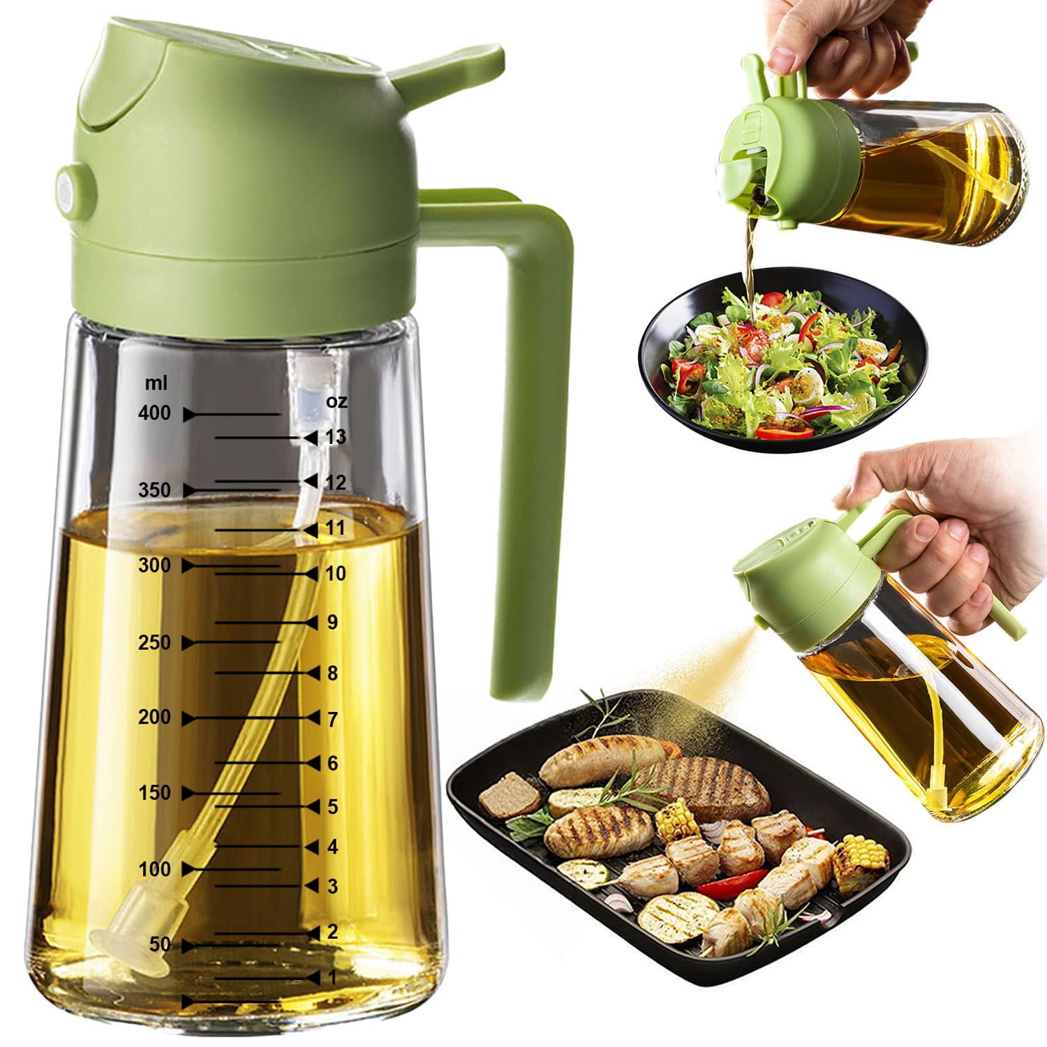 TrendPlain 16oz/470ml Glass Olive Oil Sprayer for Cooking – 2 in 1 Olive Oil Dispenser Bottle for Kitchen Gadgets and Air Fryer Accessories, Salad, BBQ - Black
