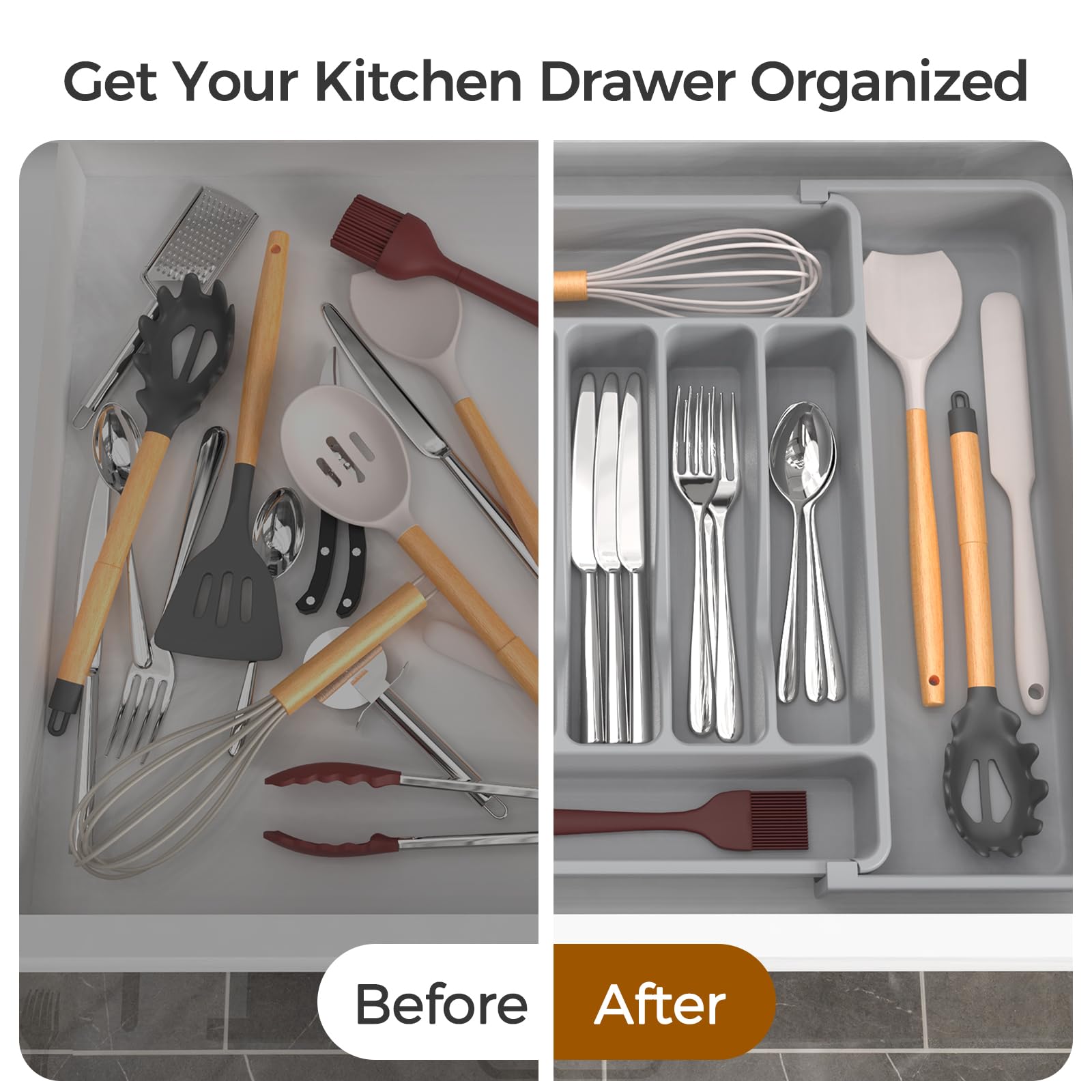ukeetap Extra Large Expandable Silverware Organizer, BPA-Free Food-Safe Cutlery Flatware Organizer, Kitchen Utensil Drawer Organizer, Adjustable Silverware Holder for Spoons Forks Knives, Black