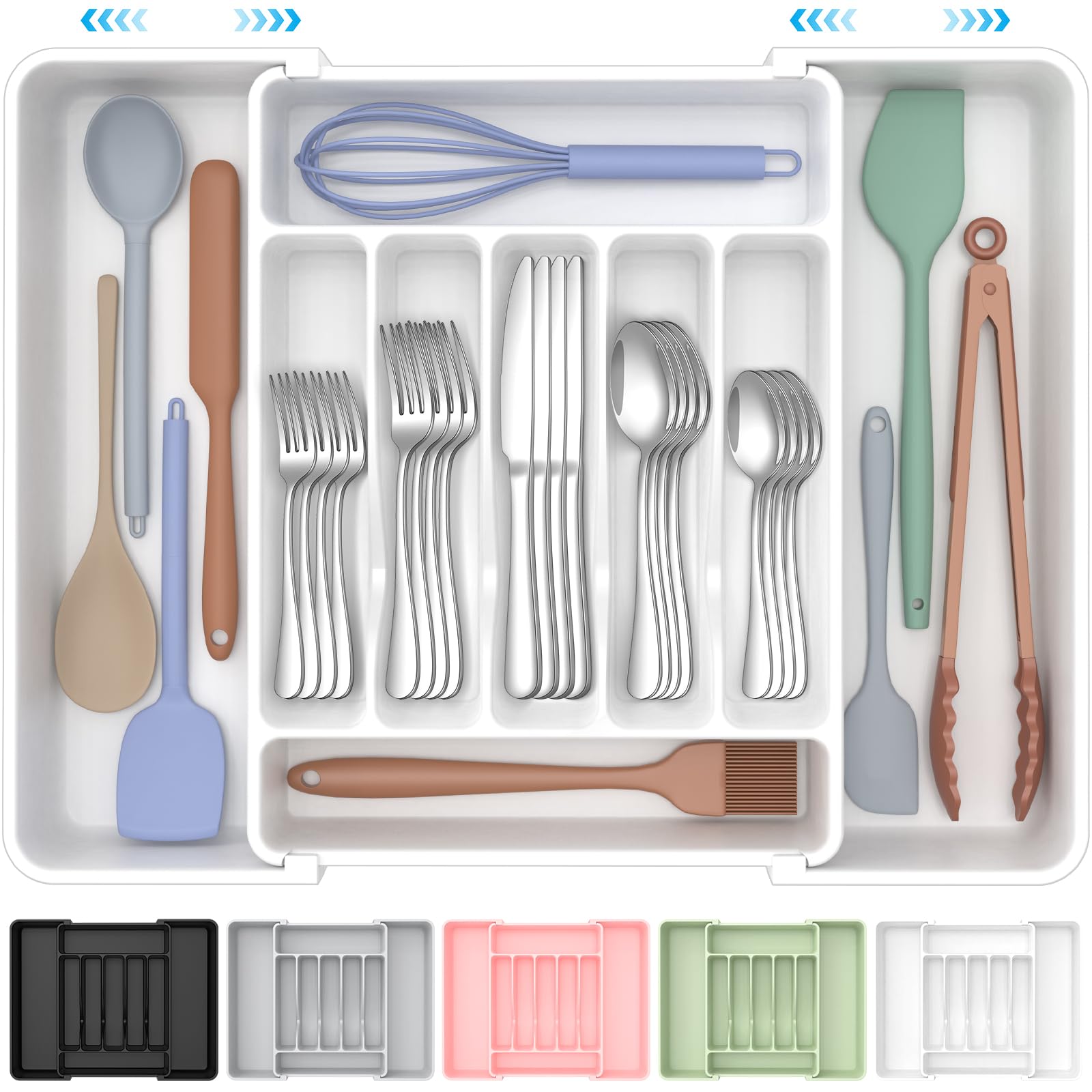 ukeetap Extra Large Expandable Silverware Organizer, BPA-Free Food-Safe Cutlery Flatware Organizer, Kitchen Utensil Drawer Organizer, Adjustable Silverware Holder for Spoons Forks Knives, Black