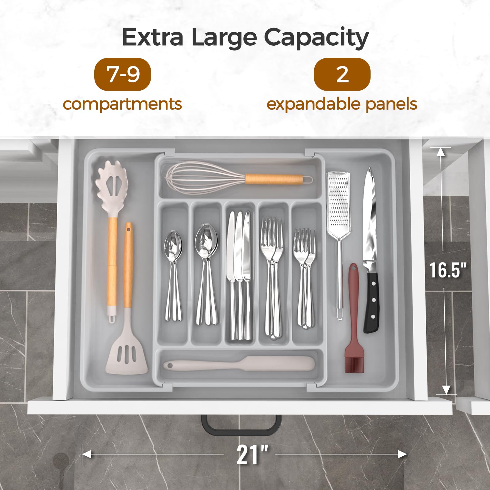 ukeetap Extra Large Expandable Silverware Organizer, BPA-Free Food-Safe Cutlery Flatware Organizer, Kitchen Utensil Drawer Organizer, Adjustable Silverware Holder for Spoons Forks Knives, Black