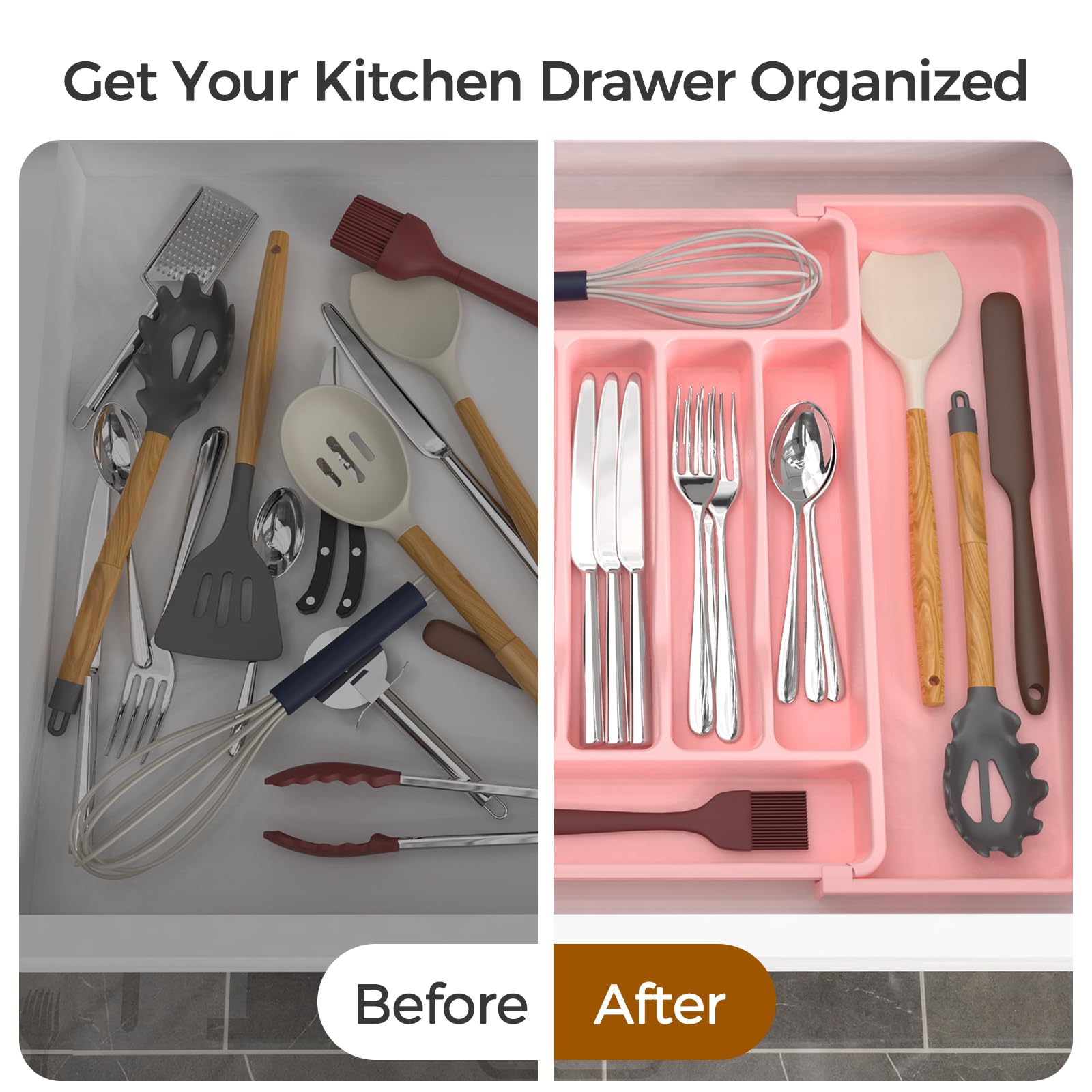ukeetap Extra Large Expandable Silverware Organizer, BPA-Free Food-Safe Cutlery Flatware Organizer, Kitchen Utensil Drawer Organizer, Adjustable Silverware Holder for Spoons Forks Knives, Black