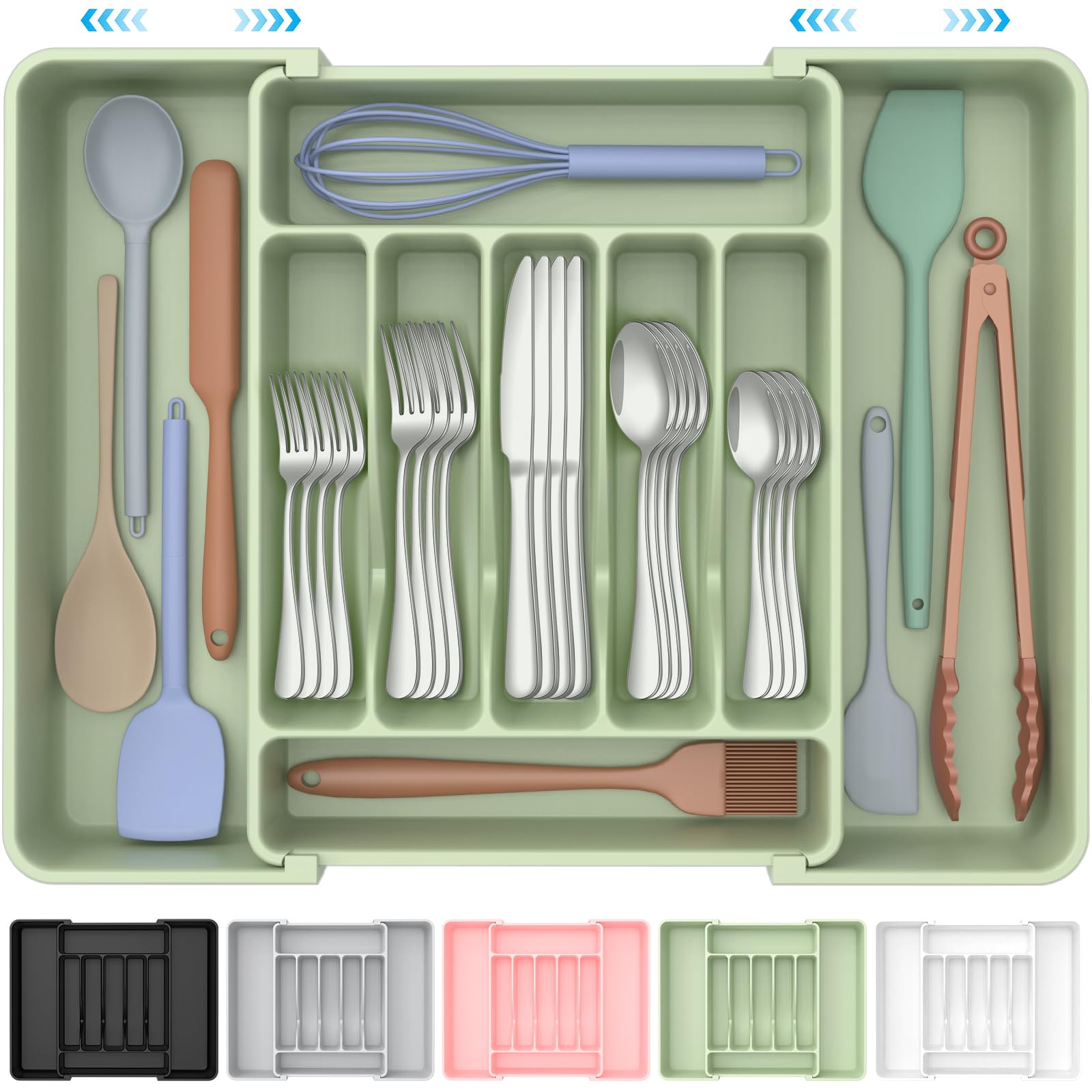 ukeetap Extra Large Expandable Silverware Organizer, BPA-Free Food-Safe Cutlery Flatware Organizer, Kitchen Utensil Drawer Organizer, Adjustable Silverware Holder for Spoons Forks Knives, Black