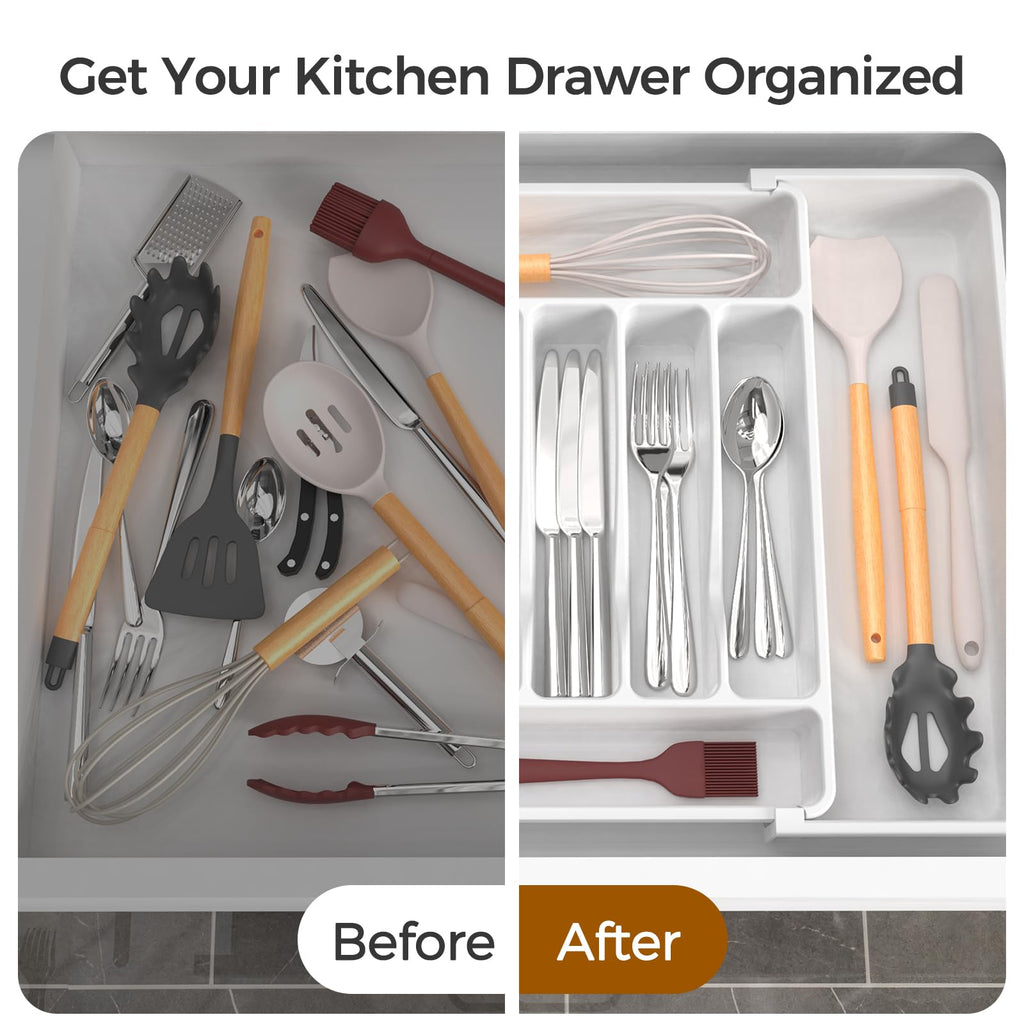 ukeetap Extra Large Expandable Silverware Organizer, BPA-Free Food-Safe Cutlery Flatware Organizer, Kitchen Utensil Drawer Organizer, Adjustable Silverware Holder for Spoons Forks Knives, Black