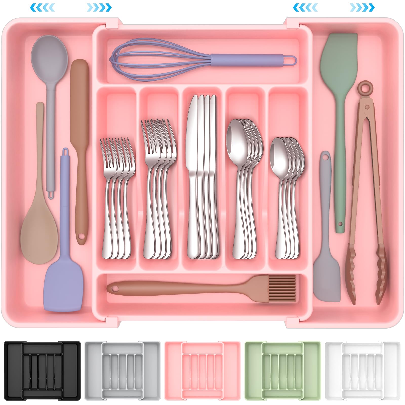 ukeetap Extra Large Expandable Silverware Organizer, BPA-Free Food-Safe Cutlery Flatware Organizer, Kitchen Utensil Drawer Organizer, Adjustable Silverware Holder for Spoons Forks Knives, Black