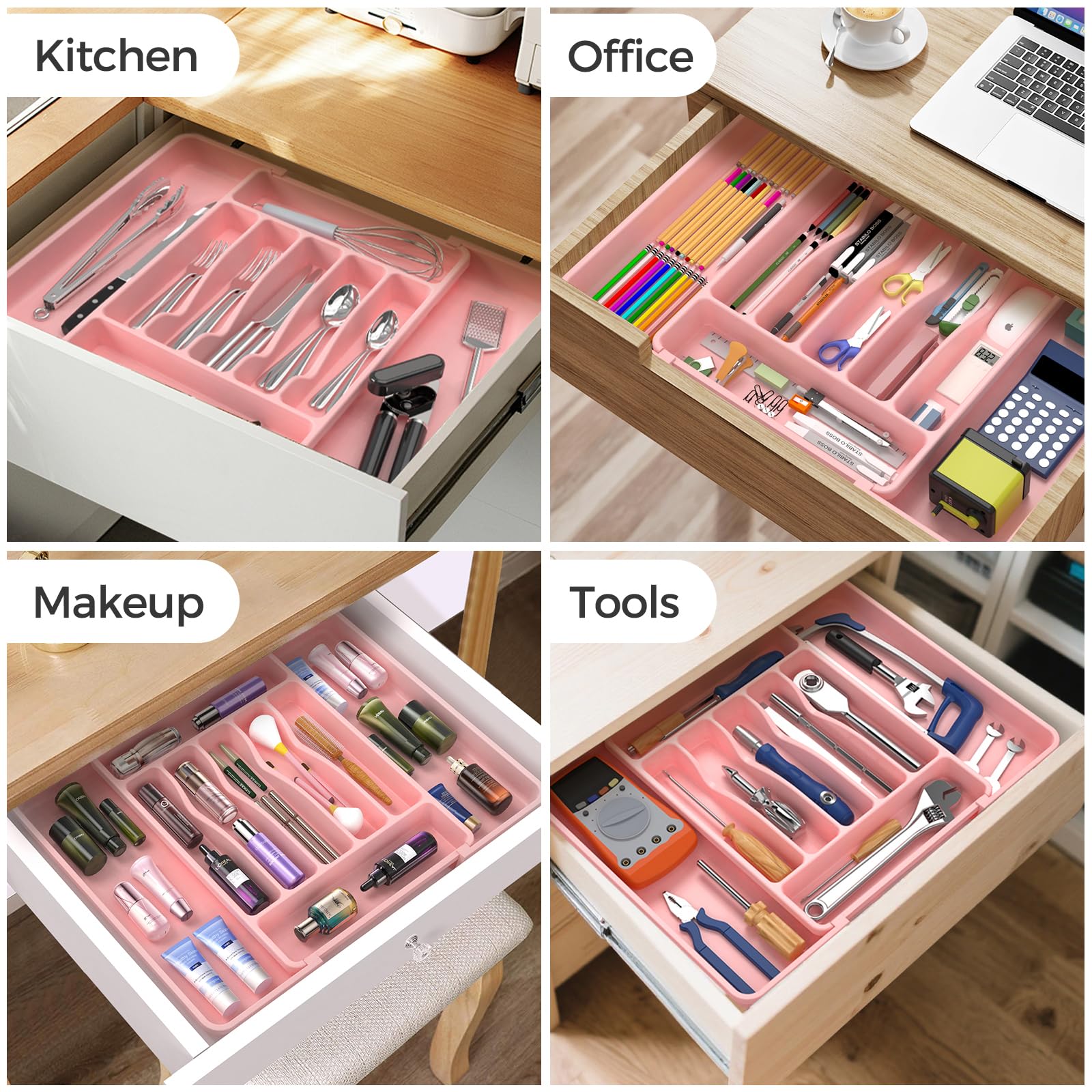 ukeetap Extra Large Expandable Silverware Organizer, BPA-Free Food-Safe Cutlery Flatware Organizer, Kitchen Utensil Drawer Organizer, Adjustable Silverware Holder for Spoons Forks Knives, Black