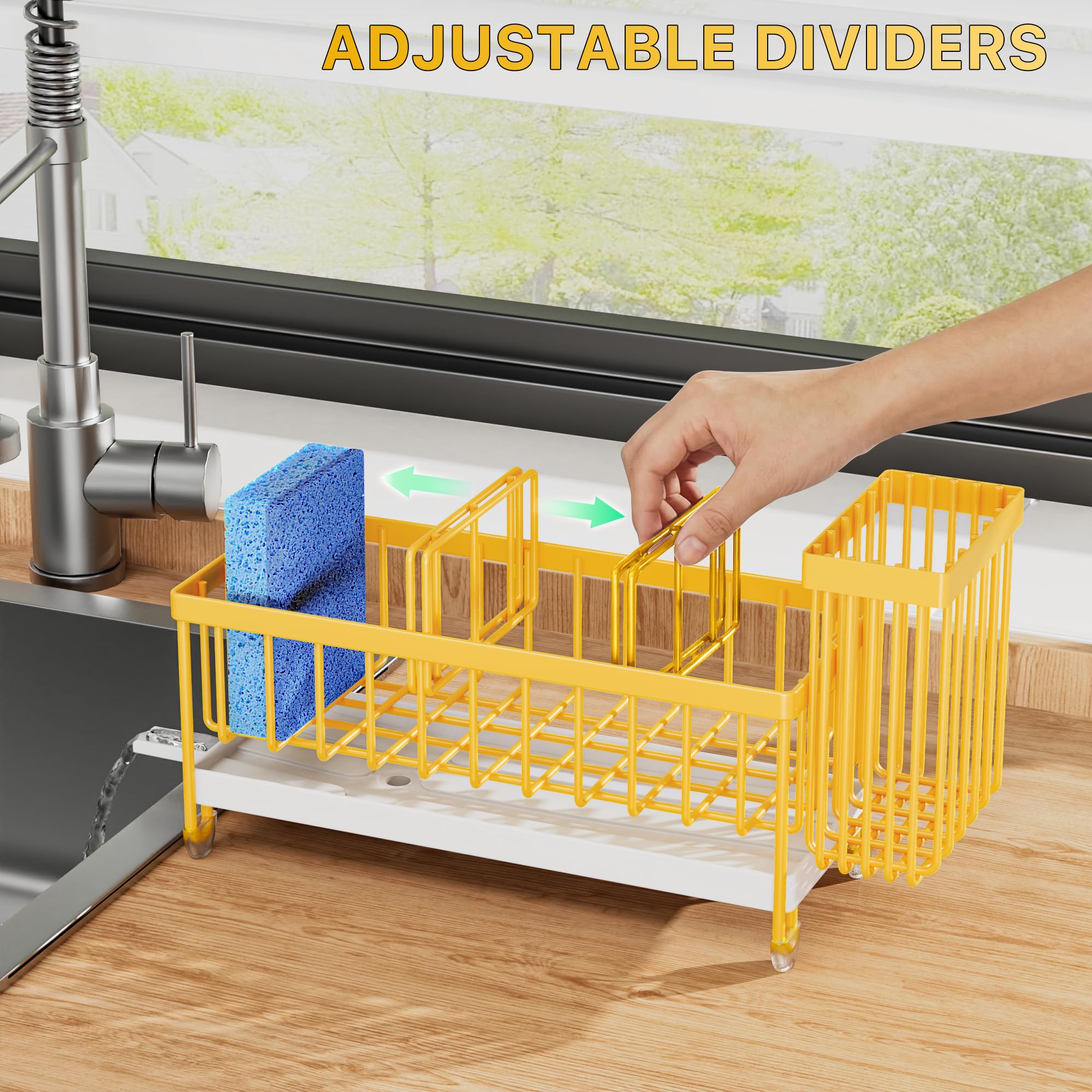 Cisily Sponge Holder for Kitchen Sink, Sink Caddy Organizer with High Brush Holder, Kitchen Countertop Organizers and Storage Essentials, Rustproof 304 Stainless Steel (Black, 9.25″)