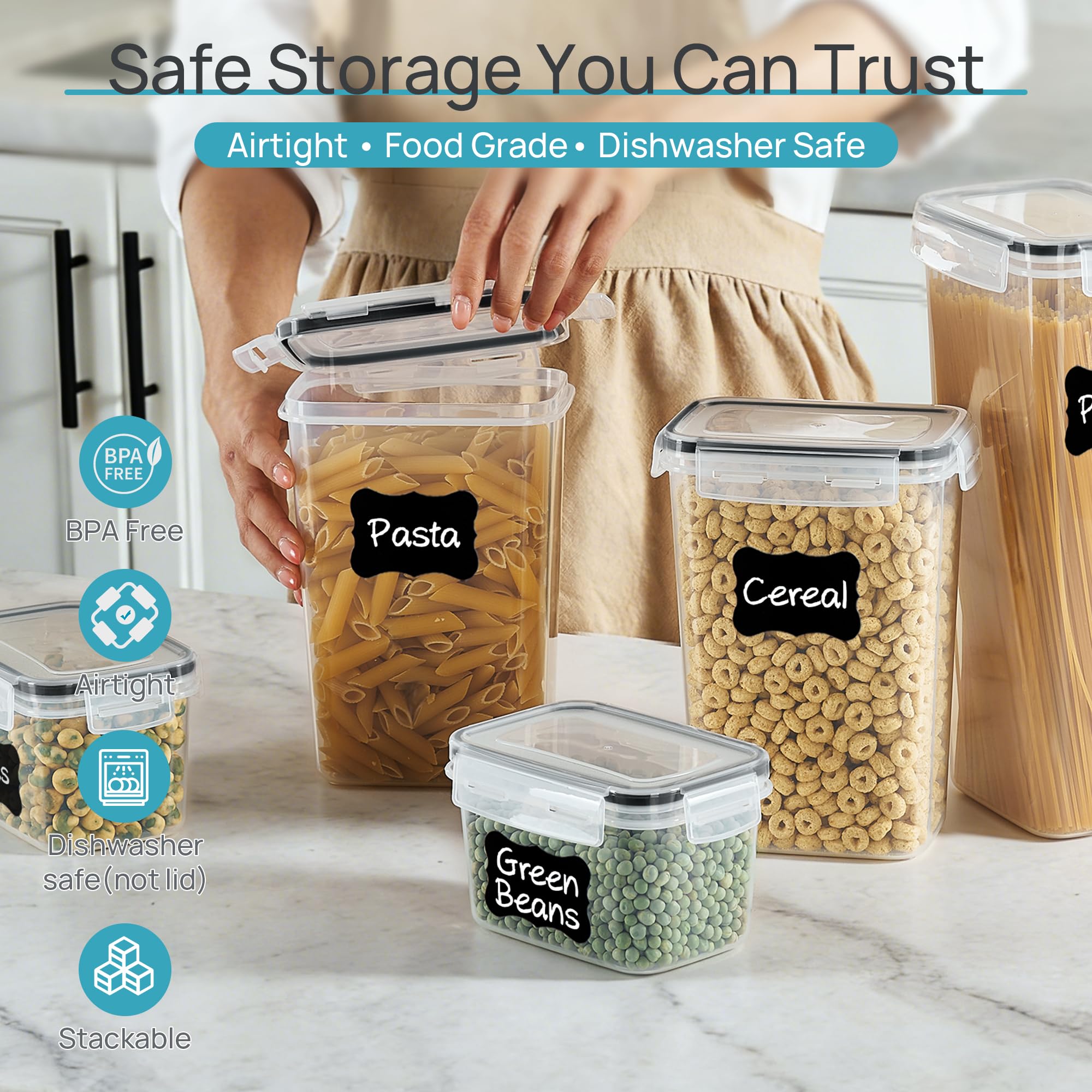 Airtight Food Storage Containers with Lids, Vtopmart 24 pcs Plastic Kitchen and Pantry Organization Canisters for Cereal, Dry Food, Flour and Sugar, BPA Free, Includes 24 Labels，Black