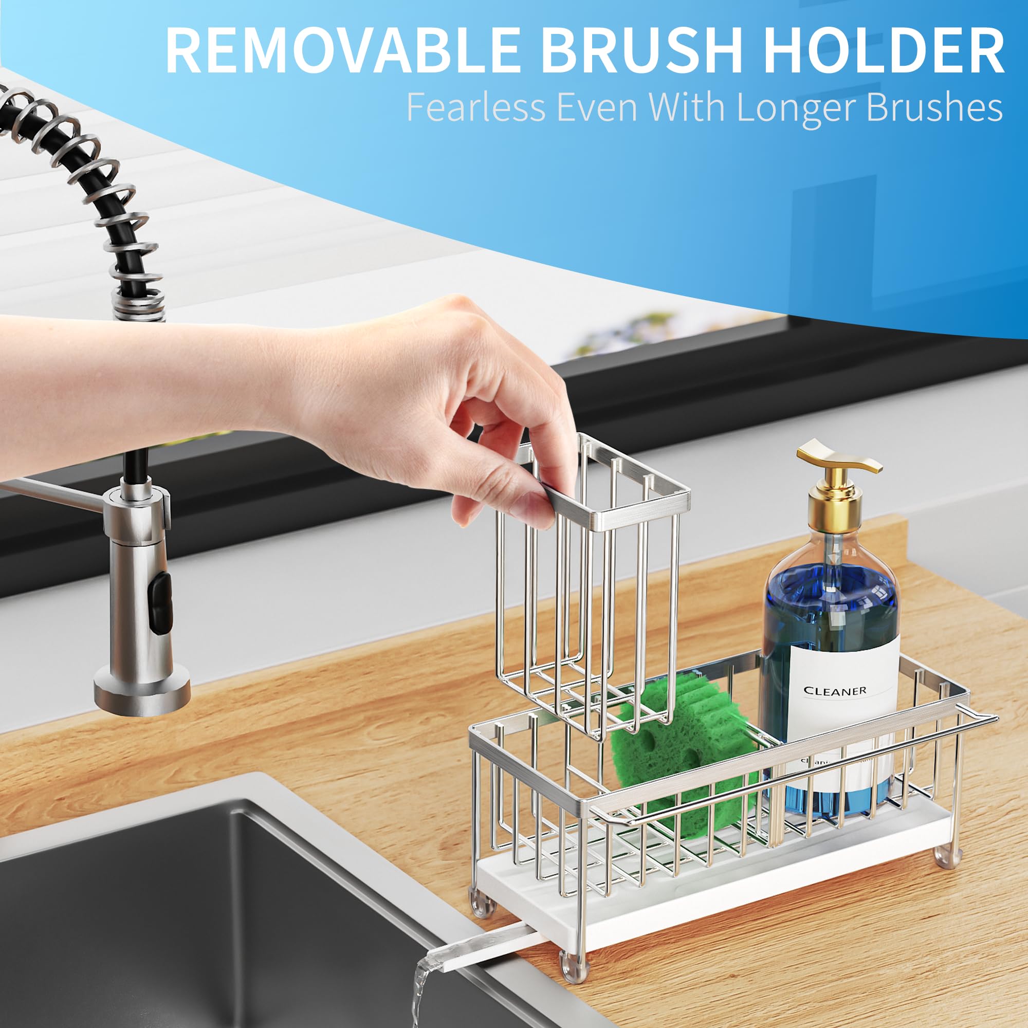 Cisily Sponge Holder for Kitchen Sink, Sink Caddy Organizer with High Brush Holder, Kitchen Countertop Organizers and Storage Essentials, Rustproof 304 Stainless Steel (Black, 9.25″)