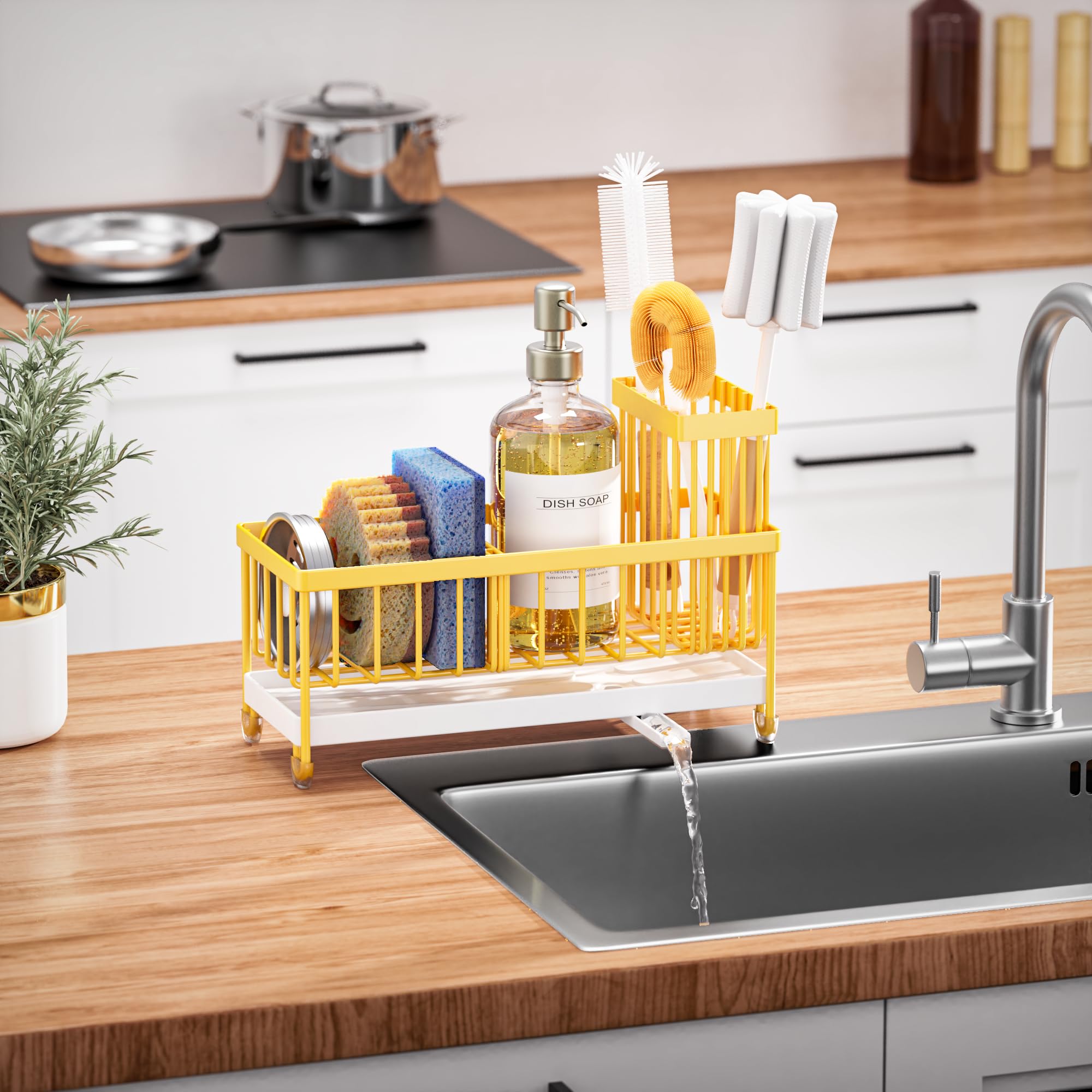 Cisily Sponge Holder for Kitchen Sink, Sink Caddy Organizer with High Brush Holder, Kitchen Countertop Organizers and Storage Essentials, Rustproof 304 Stainless Steel (Black, 9.25″)