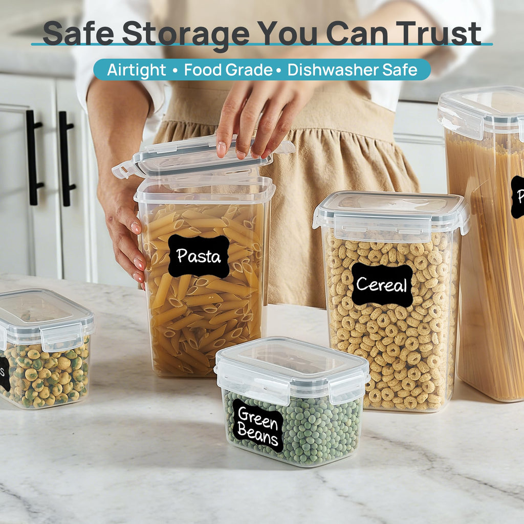 Airtight Food Storage Containers with Lids, Vtopmart 24 pcs Plastic Kitchen and Pantry Organization Canisters for Cereal, Dry Food, Flour and Sugar, BPA Free, Includes 24 Labels，Black