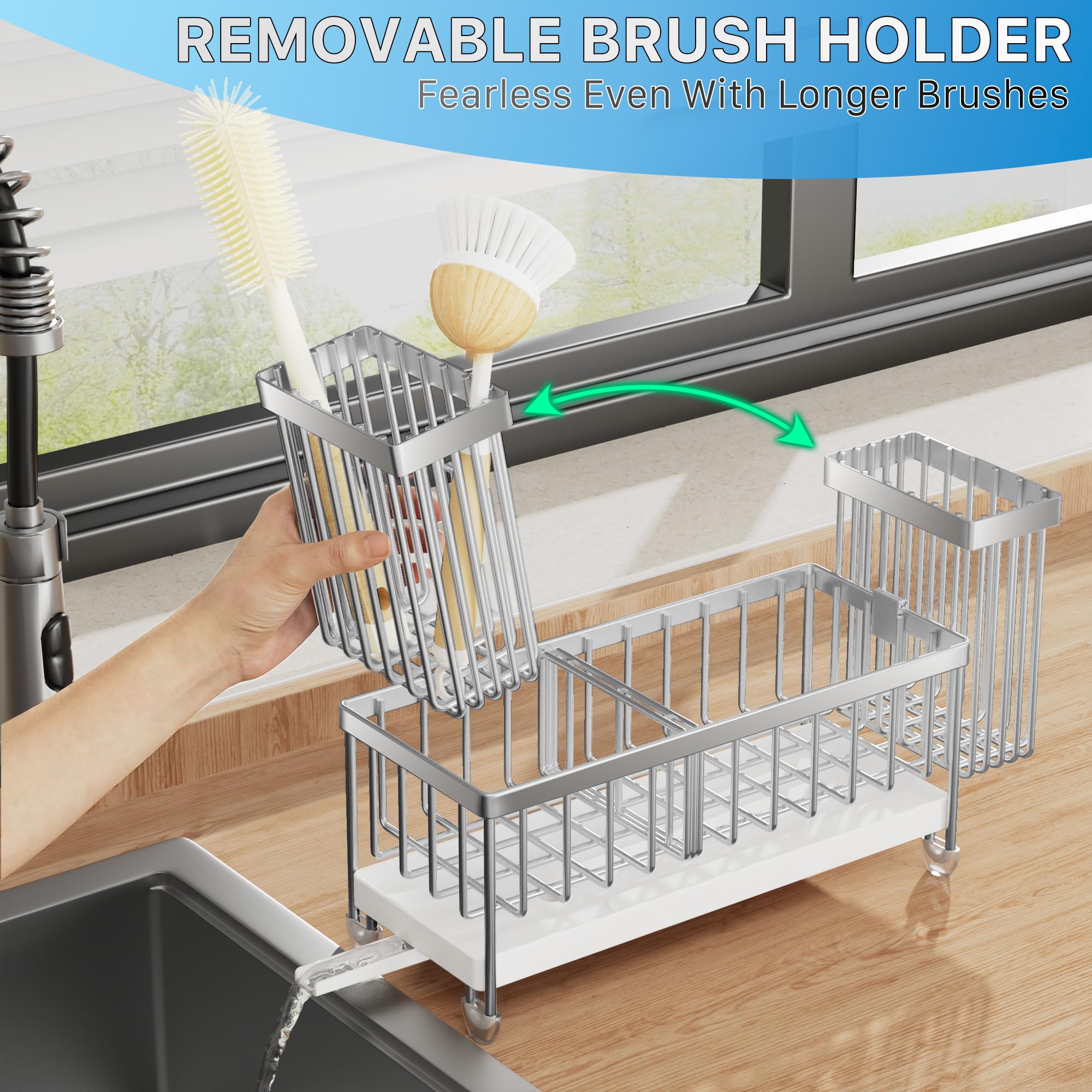 Cisily Sponge Holder for Kitchen Sink, Sink Caddy Organizer with High Brush Holder, Kitchen Countertop Organizers and Storage Essentials, Rustproof 304 Stainless Steel (Black, 9.25″)