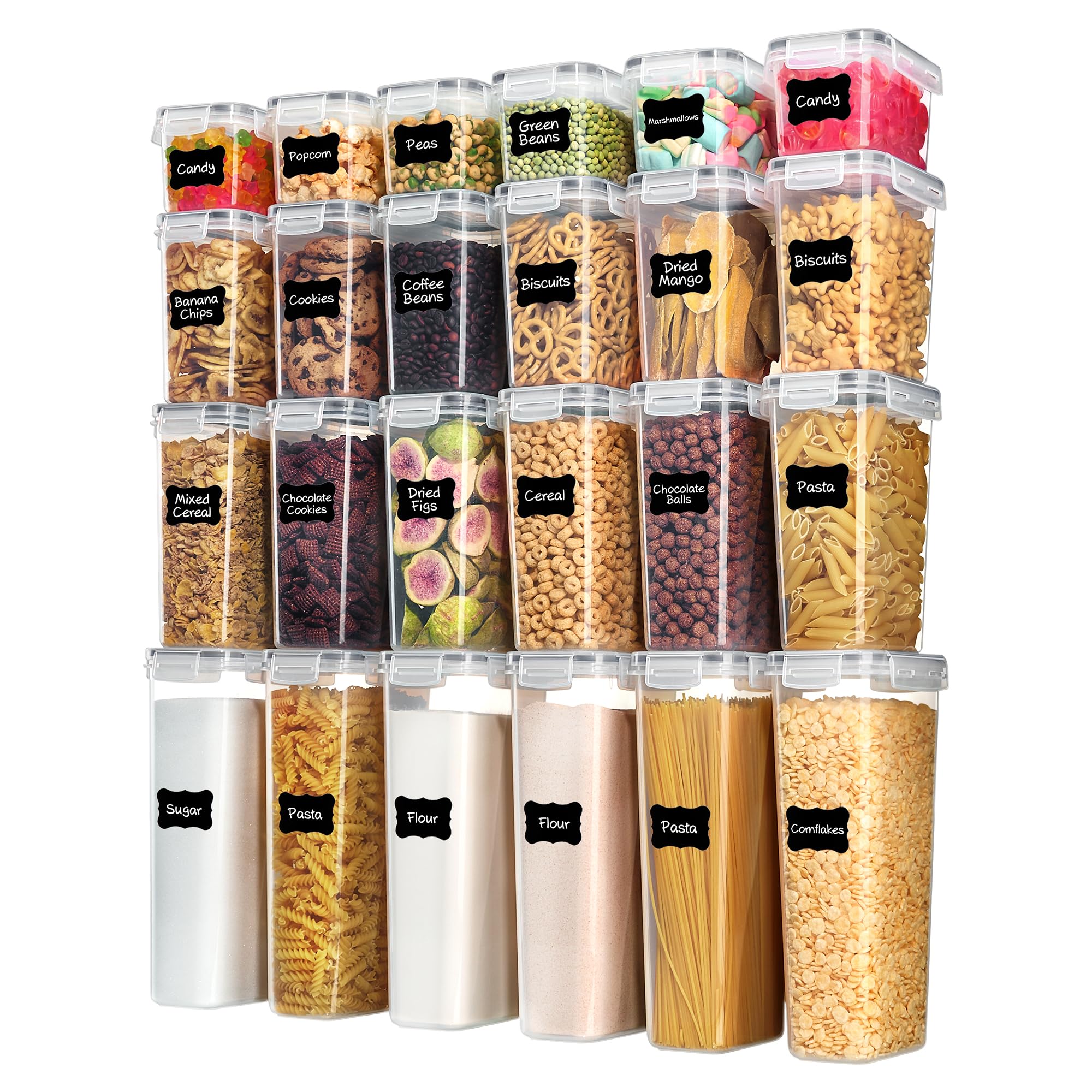 Airtight Food Storage Containers with Lids, Vtopmart 24 pcs Plastic Kitchen and Pantry Organization Canisters for Cereal, Dry Food, Flour and Sugar, BPA Free, Includes 24 Labels，Black