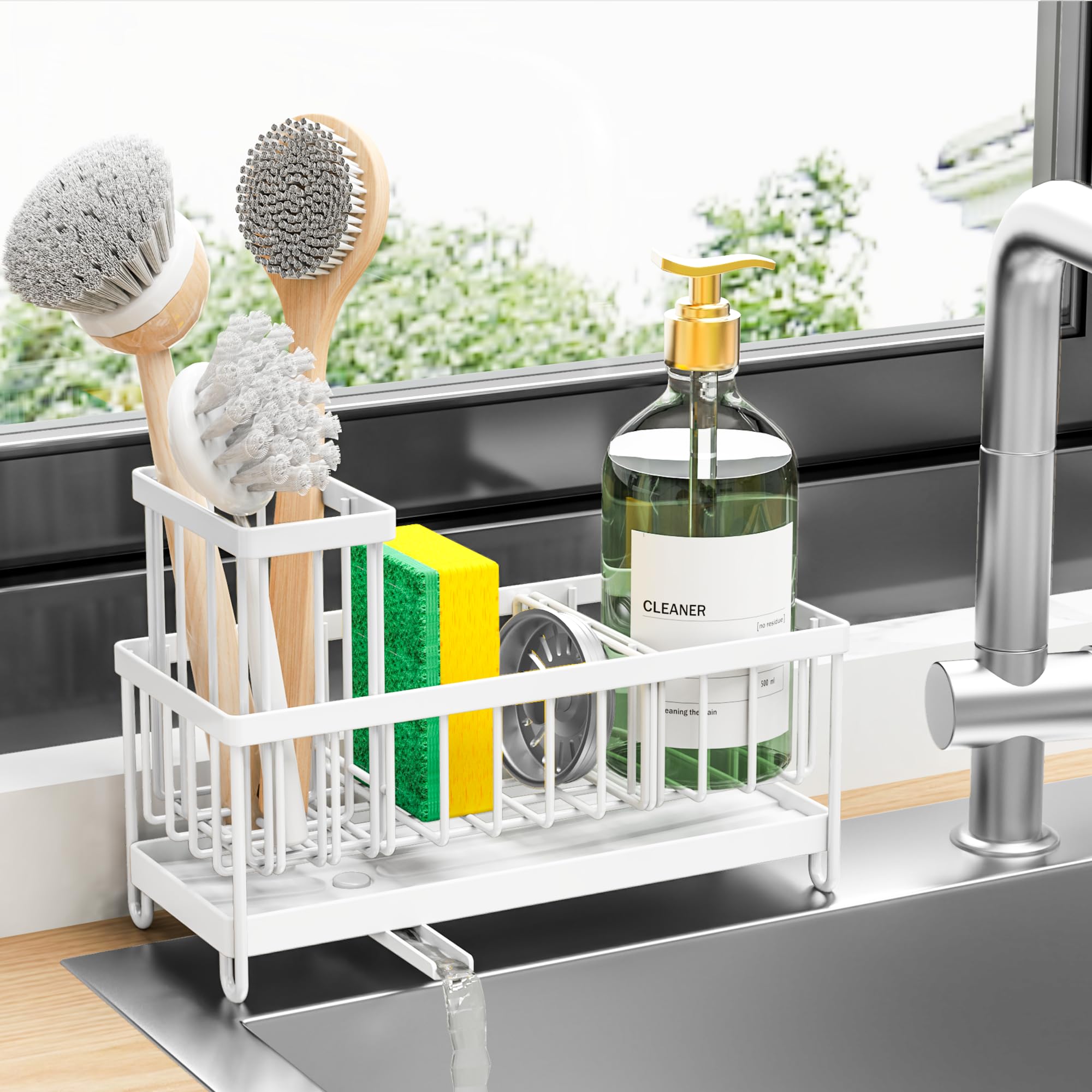 Cisily Sponge Holder for Kitchen Sink, Sink Caddy Organizer with High Brush Holder, Kitchen Countertop Organizers and Storage Essentials, Rustproof 304 Stainless Steel (Black, 9.25″)