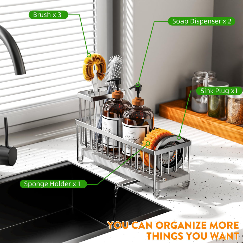 Cisily Sponge Holder for Kitchen Sink, Sink Caddy Organizer with High Brush Holder, Kitchen Countertop Organizers and Storage Essentials, Rustproof 304 Stainless Steel (Black, 9.25″)