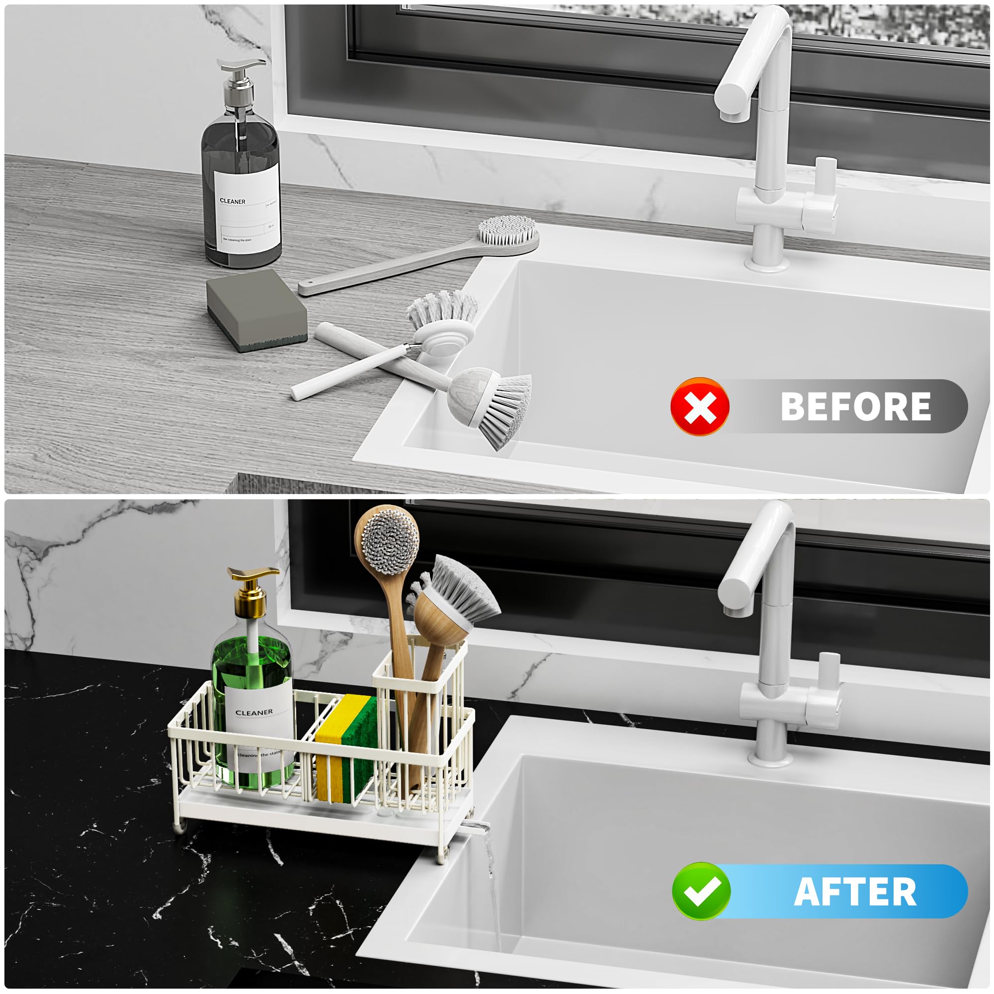 Cisily Sponge Holder for Kitchen Sink, Sink Caddy Organizer with High Brush Holder, Kitchen Countertop Organizers and Storage Essentials, Rustproof 304 Stainless Steel (Black, 9.25″)