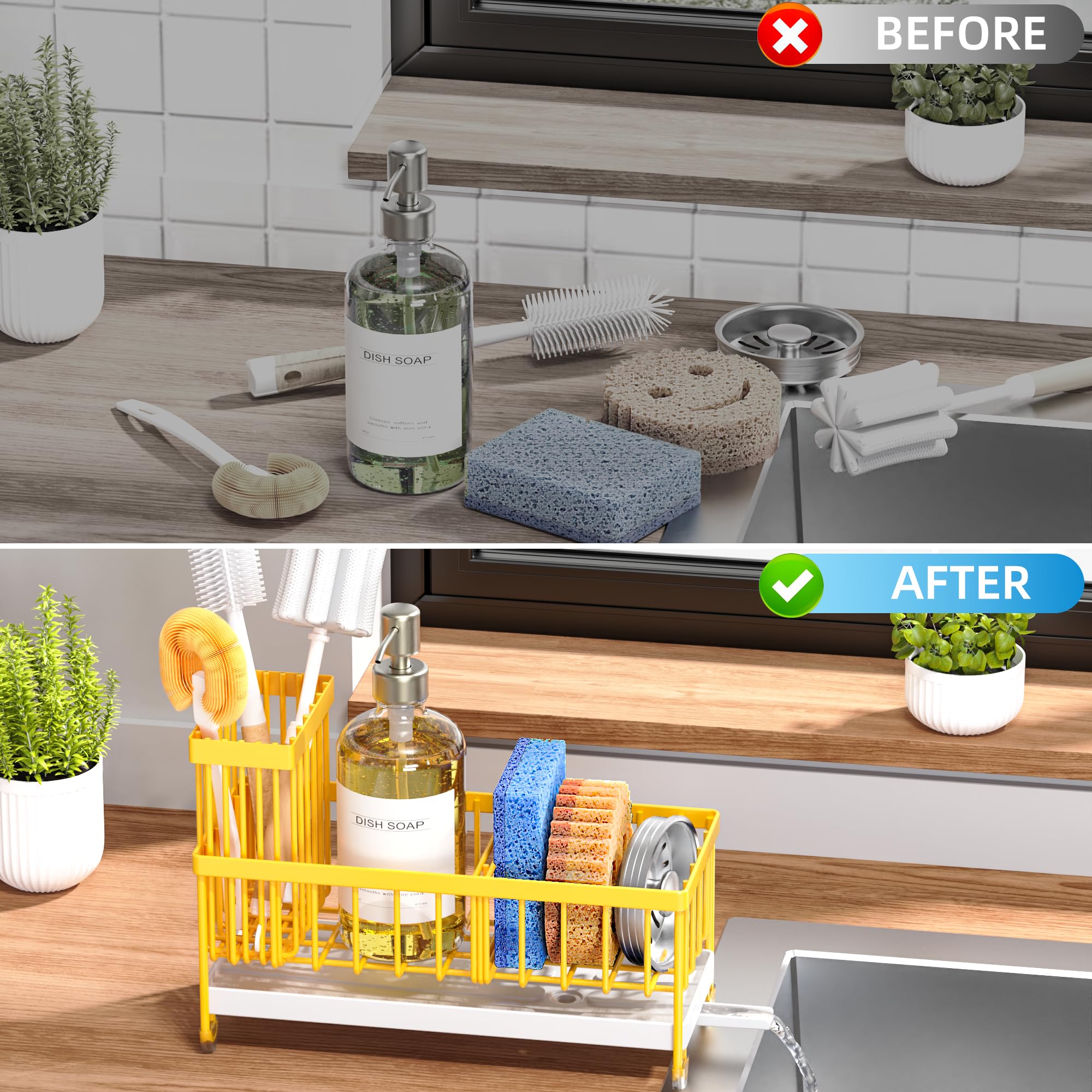 Cisily Sponge Holder for Kitchen Sink, Sink Caddy Organizer with High Brush Holder, Kitchen Countertop Organizers and Storage Essentials, Rustproof 304 Stainless Steel (Black, 9.25″)