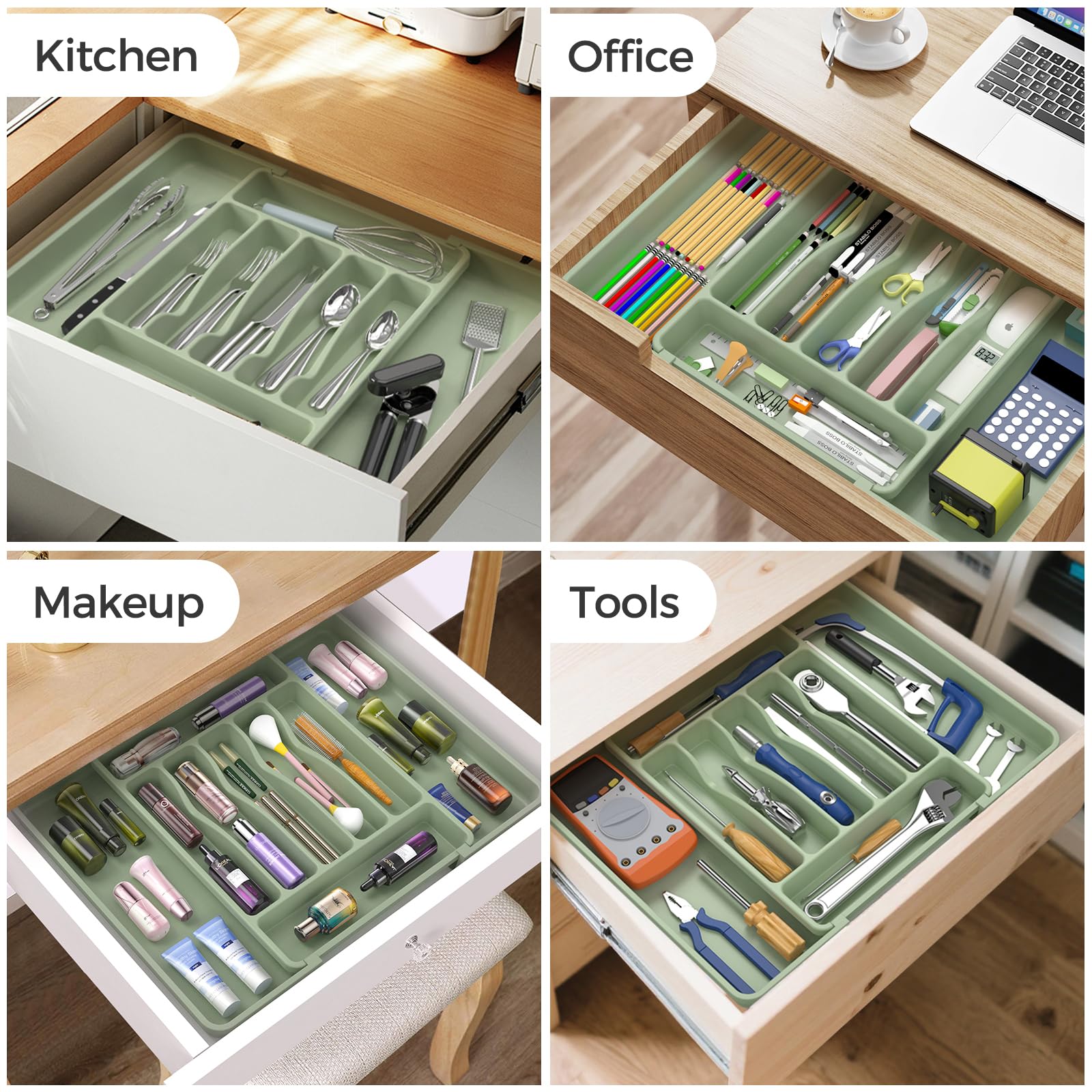 ukeetap Extra Large Expandable Silverware Organizer, BPA-Free Food-Safe Cutlery Flatware Organizer, Kitchen Utensil Drawer Organizer, Adjustable Silverware Holder for Spoons Forks Knives, Black