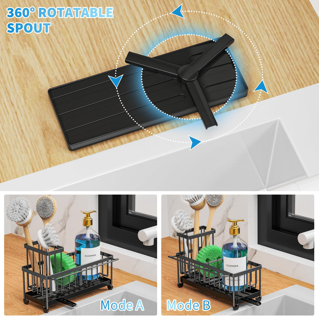 Cisily Sponge Holder for Kitchen Sink, Sink Caddy Organizer with High Brush Holder, Kitchen Countertop Organizers and Storage Essentials, Rustproof 304 Stainless Steel (Black, 9.25″)