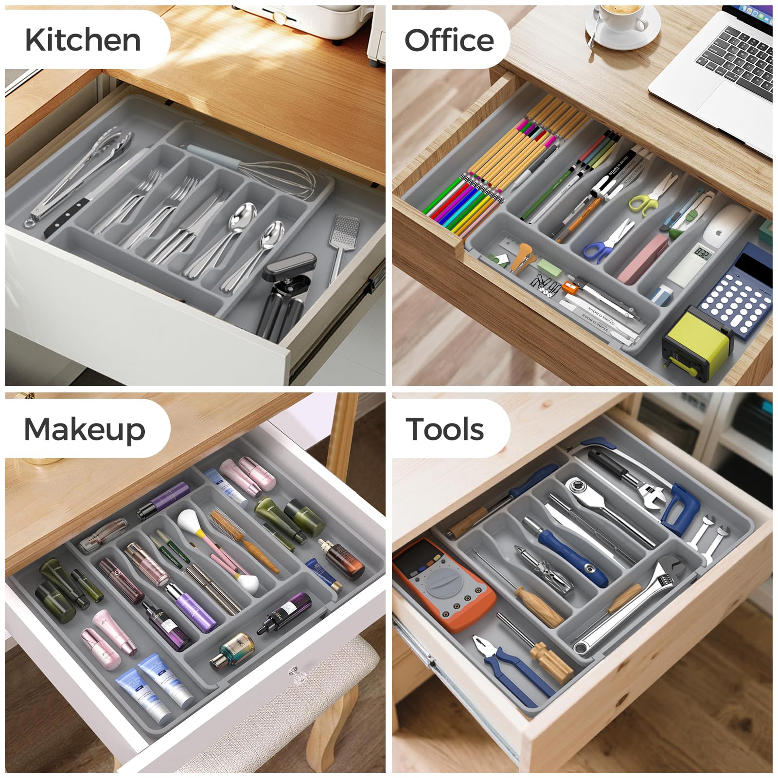 ukeetap Extra Large Expandable Silverware Organizer, BPA-Free Food-Safe Cutlery Flatware Organizer, Kitchen Utensil Drawer Organizer, Adjustable Silverware Holder for Spoons Forks Knives, Black