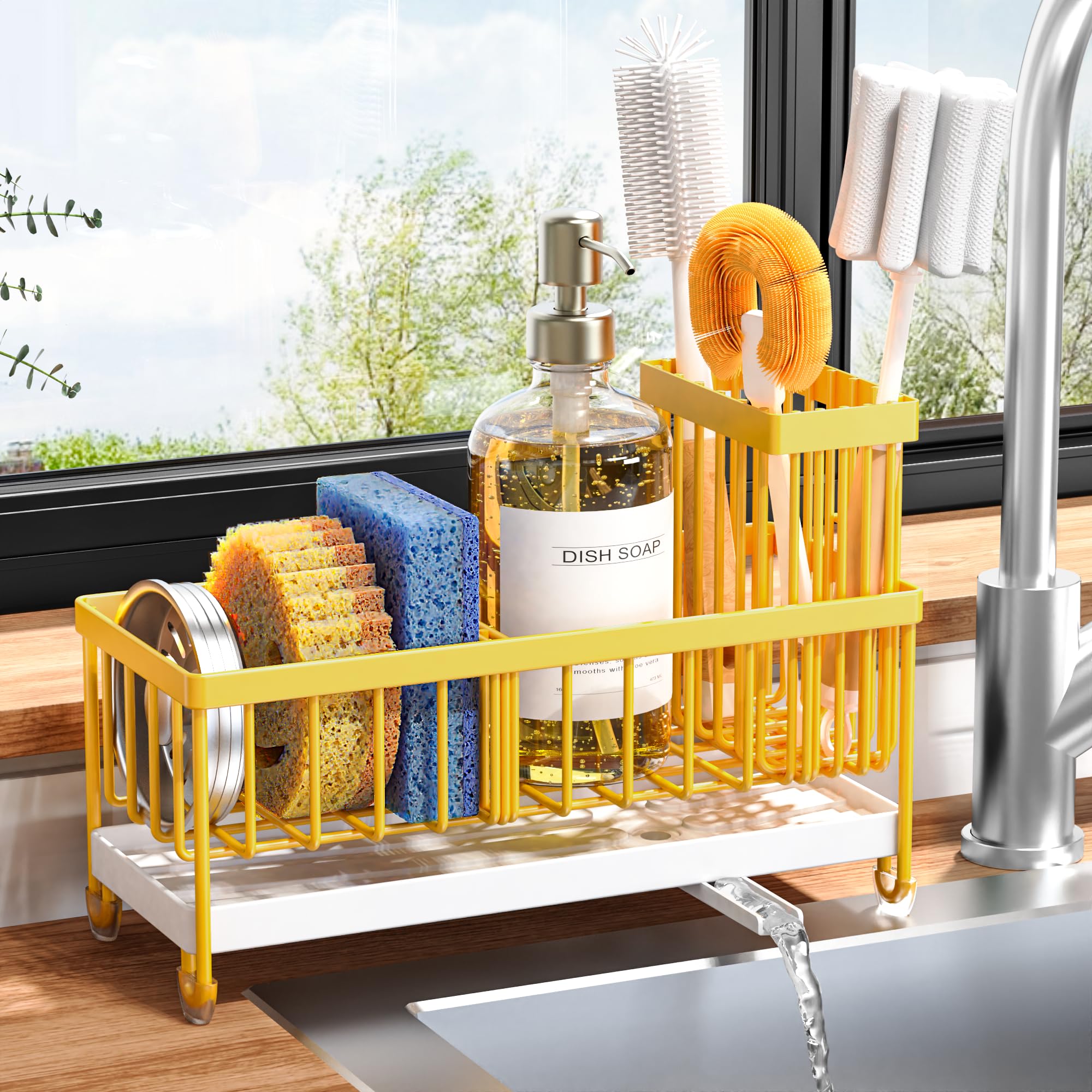 Cisily Sponge Holder for Kitchen Sink, Sink Caddy Organizer with High Brush Holder, Kitchen Countertop Organizers and Storage Essentials, Rustproof 304 Stainless Steel (Black, 9.25″)