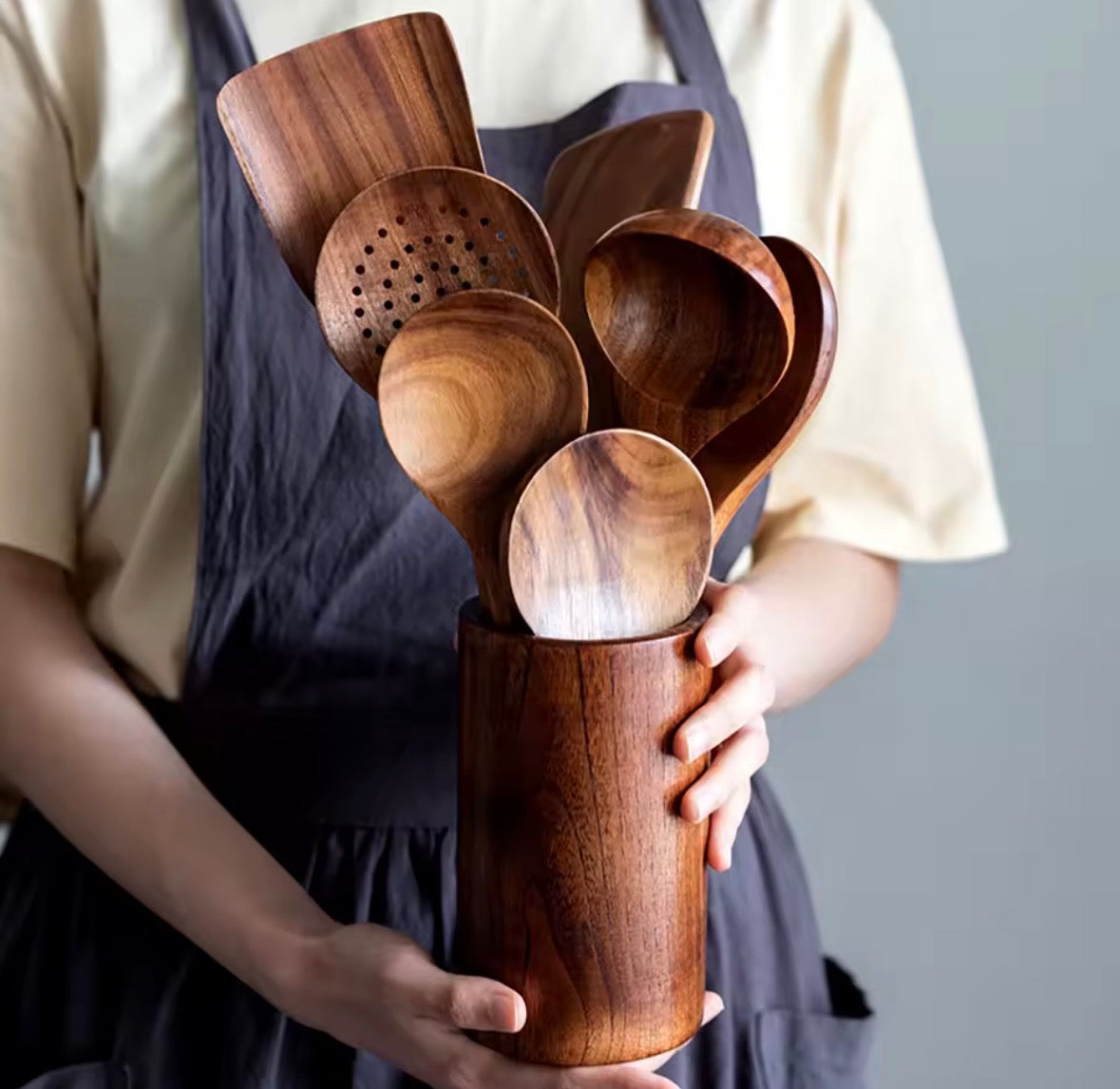 Wood Kitchenware Cooking Set - Spatula, Spoon, Fork & Storage Bucket