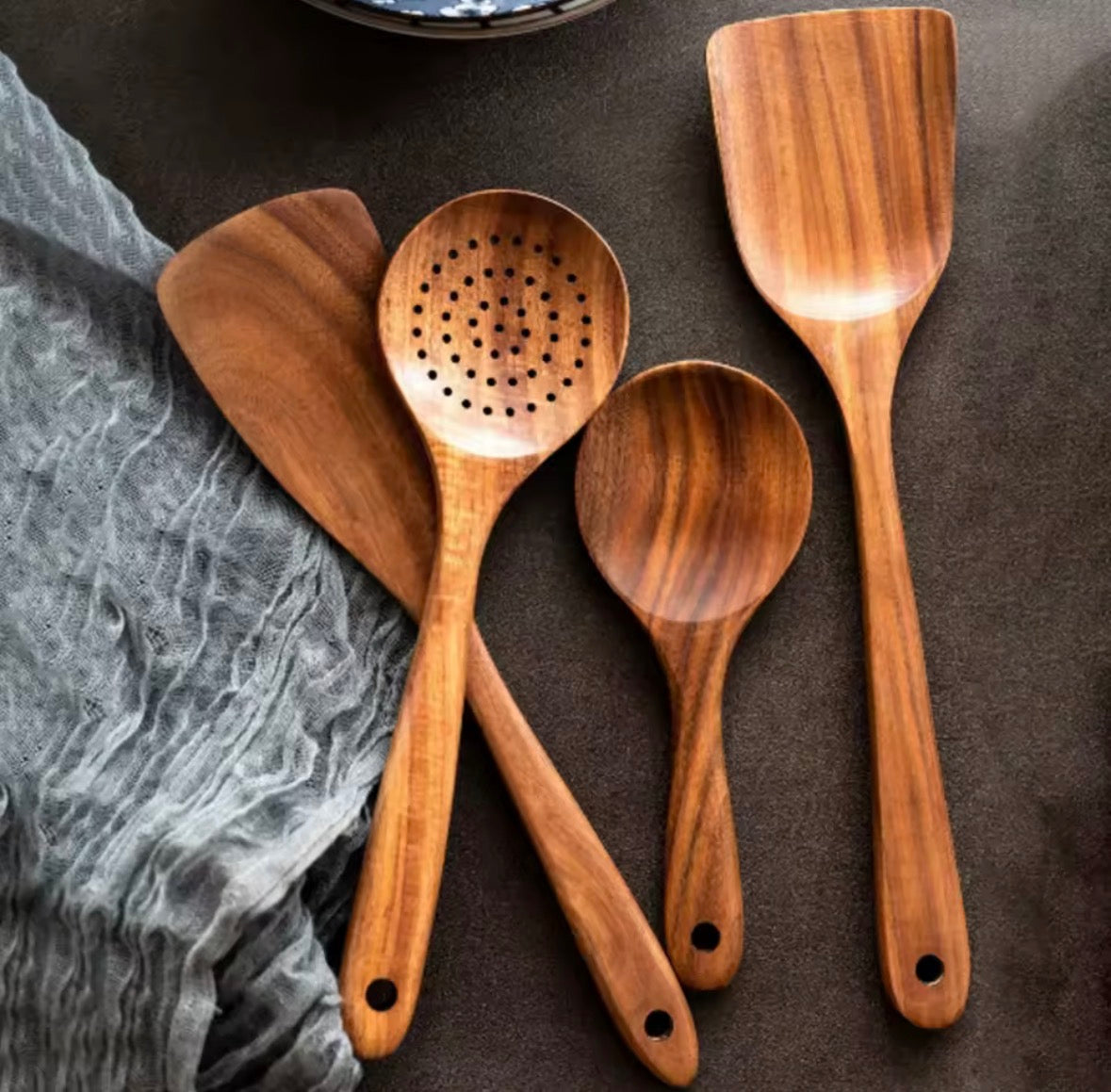 Wood Kitchenware Cooking Set - Spatula, Spoon, Fork & Storage Bucket