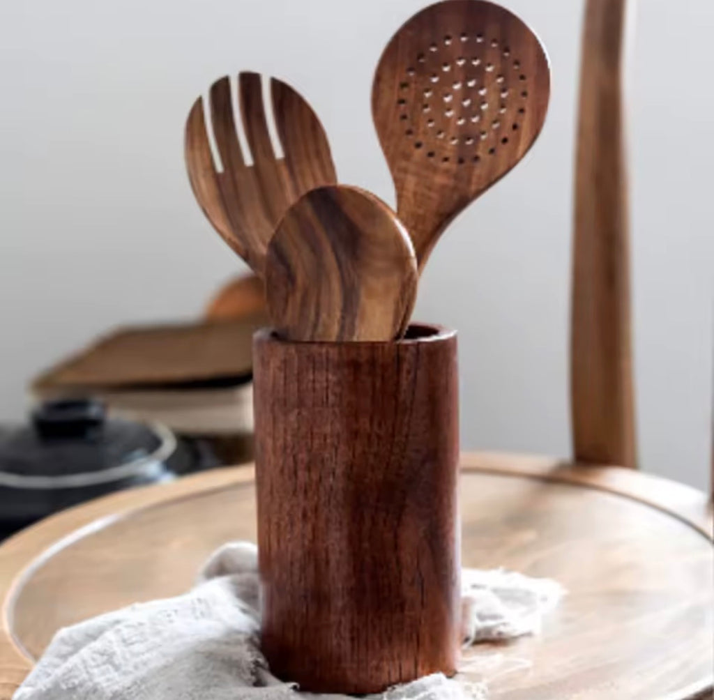 Wood Kitchenware Cooking Set - Spatula, Spoon, Fork & Storage Bucket