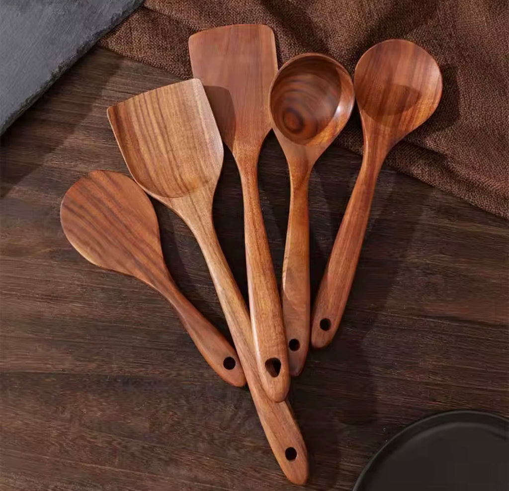 Wood Kitchenware Cooking Set - Spatula, Spoon, Fork & Storage Bucket